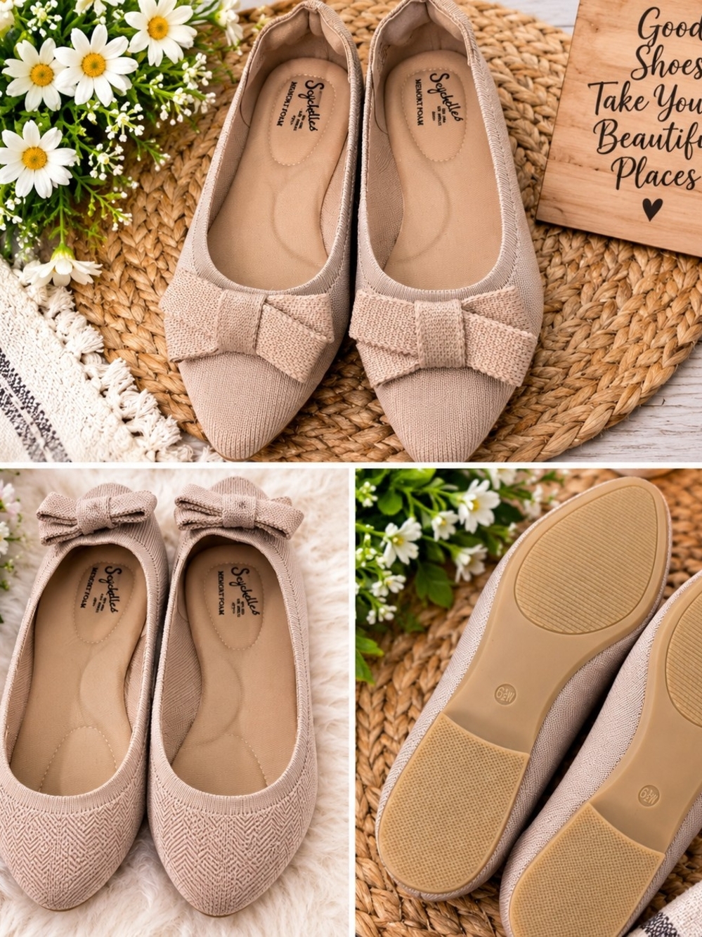 Stylish Bow Pointed Toe Flats - Beige